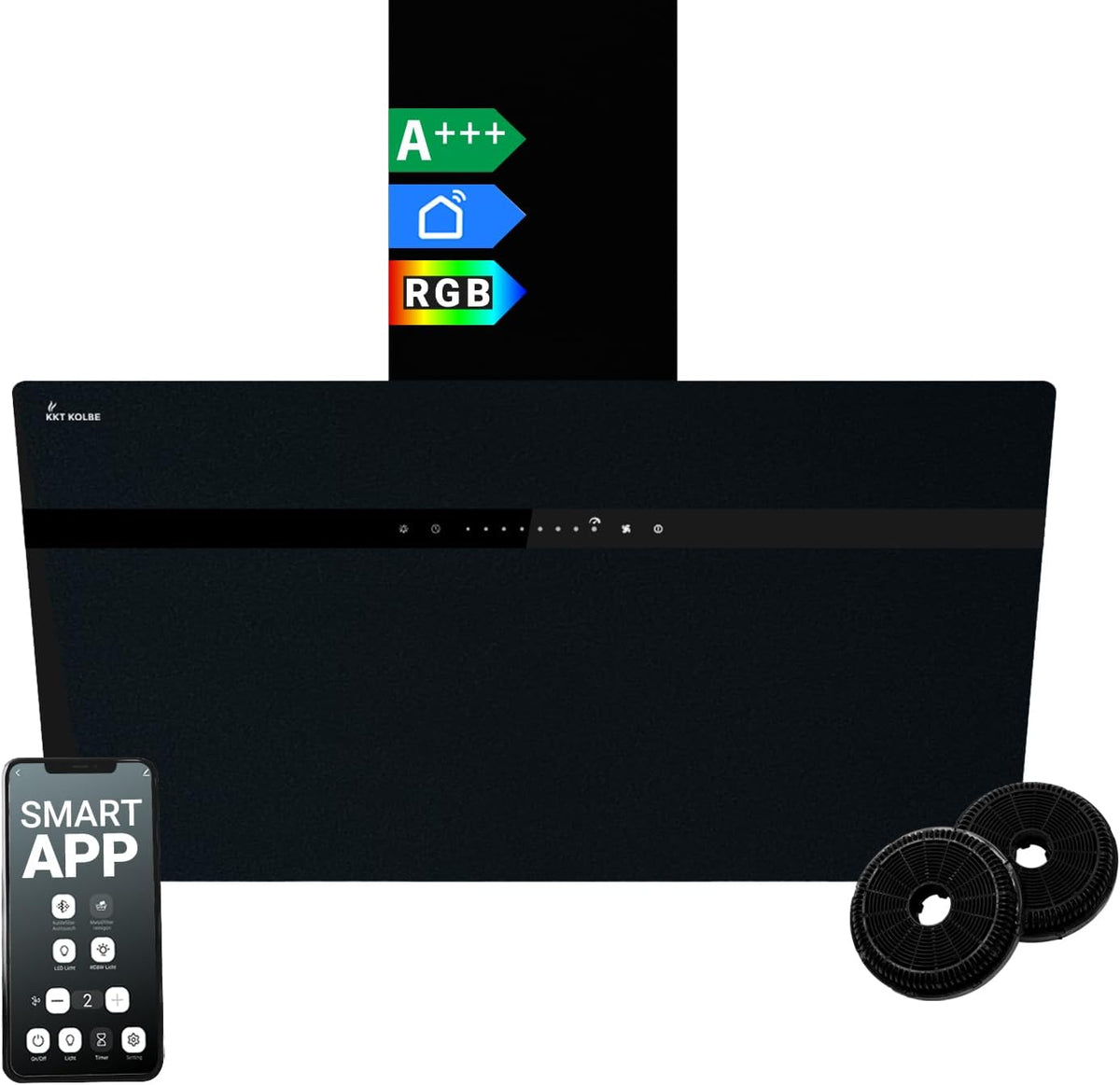 KKT KOLBE Cappa aspirante 80 cm | Cappa a Parete | Acciaio Inossidabile | Vetro Nero | WiFi | auto spegnimento | Illuminazione LED RGBW | Operazione di tocco | STYLE8005SMAO