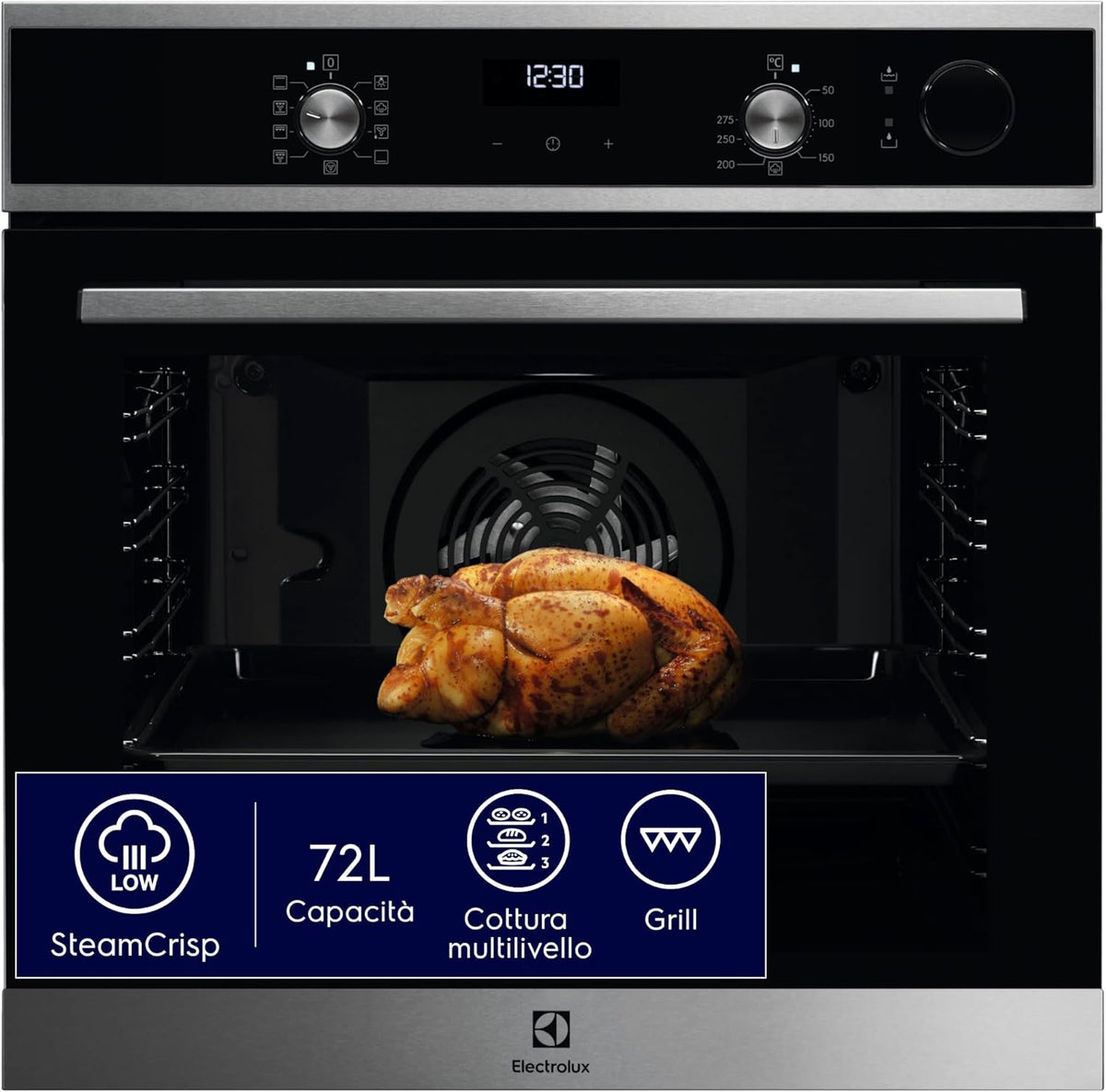 Electrolux LOC5H40X2 Forno da Incasso Serie 600 SteamCrisp, 72L, Multifunzione con Cottura a Vapore, ClasseA, Pulizia AquaClean, Display LED, Acciaio Inox, 589x596x569 mm