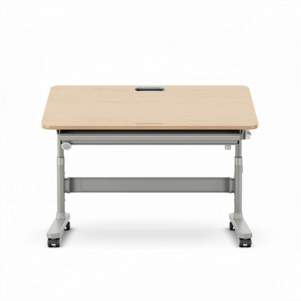Scrivania regolabile in altezza con piano in legno e struttura grigia 120 x 60 x 75cm