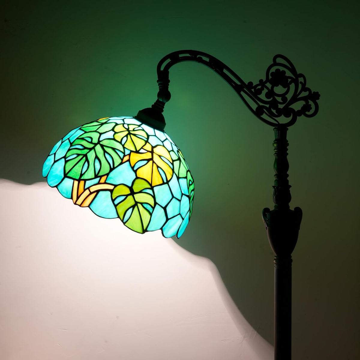 Floor Lamp Green Turtle Back Bamboo Leaves Stained Glass Reading Lamp with Adjustable Shade for Bedroom Living Room Office