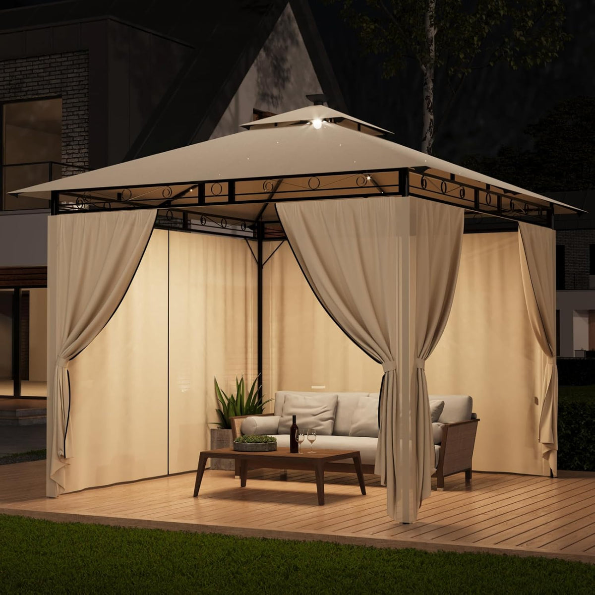 3 x 3 Waterproof Cold Proof Gazebo Garden Gazebo with Metal Frame, Patio Gazebos, Beige