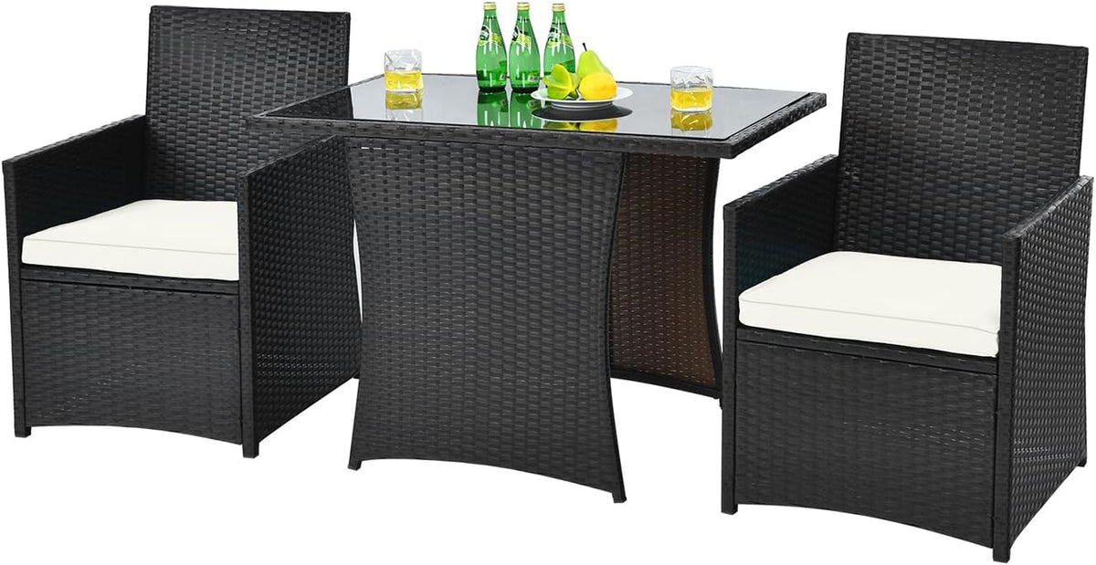 COSTWAY 3 Piece Outdoor Furniture Set, Space-Saving PE Rattan Garden Set with Tempered Glass Table Top and Padded Chairs, Balcony Table and Chair