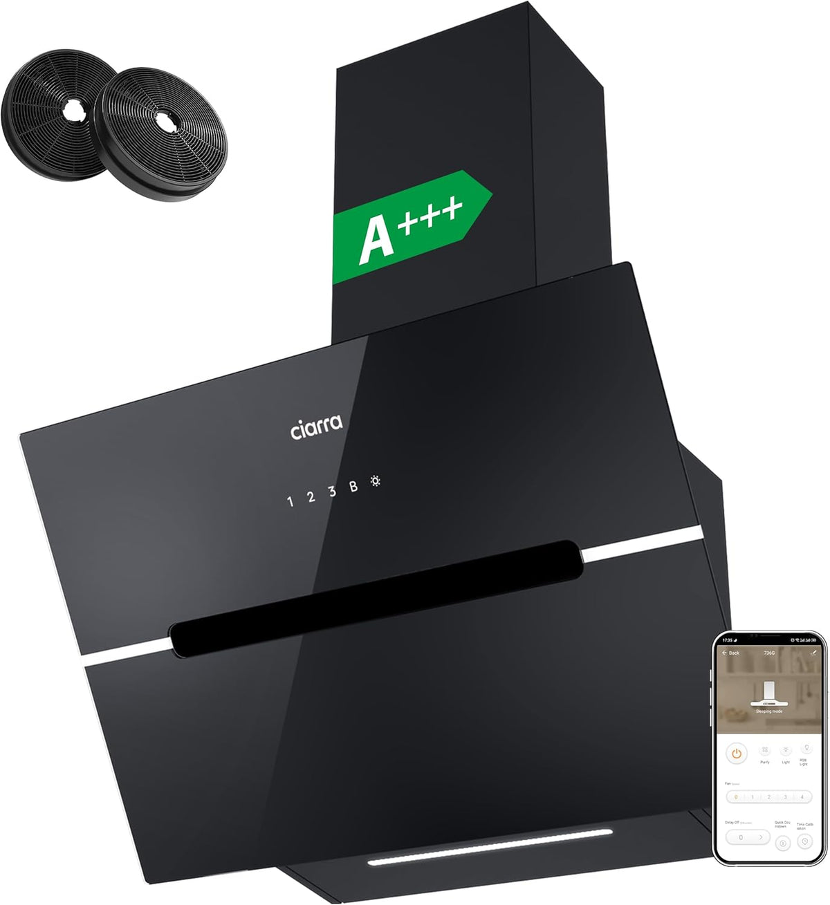 CIARRA CBCB6736F Classe A+++ Cappa Aspirante Inclinata 60 cm 650m³/h Controllo touch 4 livelli con Filtro Carbone CBCF003 Riciclaggio Evacuazione Cappa Decorativa Nero