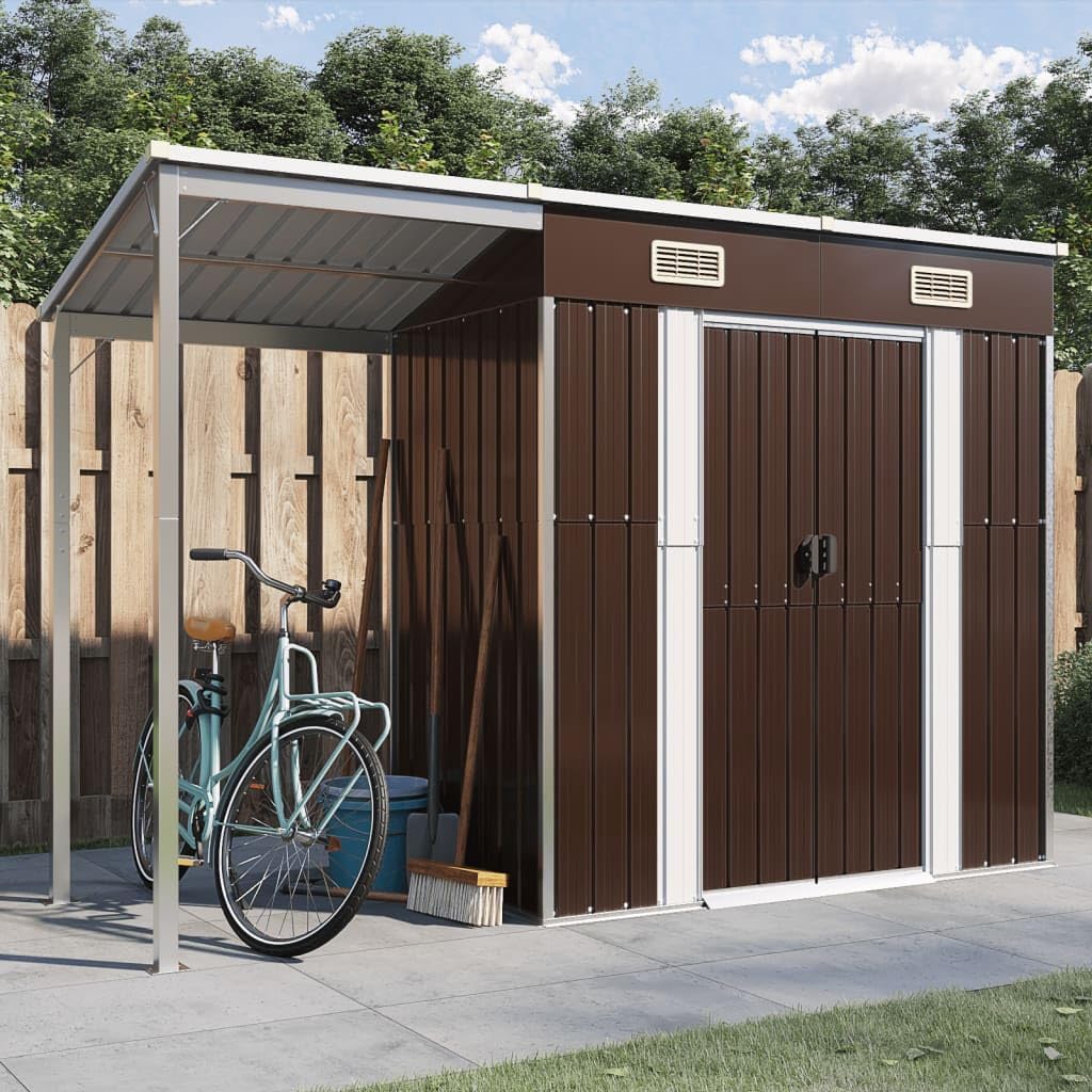 Capanno Giardino con Tetto Esteso, Casetta da Giardino in Metallo, Casetta Attrezzi da Giardino in Acciaio, Marrone 277x110,5x181cm