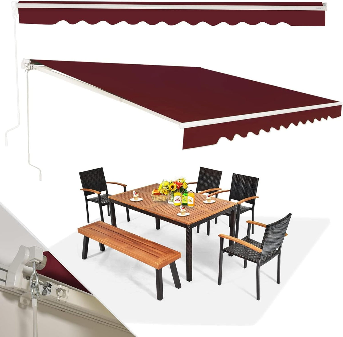 RELAX4LIFE Outdoor Tent with Extendable Arms with Aluminium Frame, Sun Resistant and Waterproof Roof, Manual Crank, Adjustable Angle (Red, 360 x 300 cm)