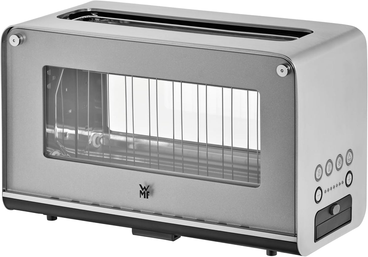 WMF Lono - Tostapane in vetro con inserto per panini, per 2 fette, misura XXL, funzione riscaldamento, 7 livelli doratura, acciaio INOX opaco