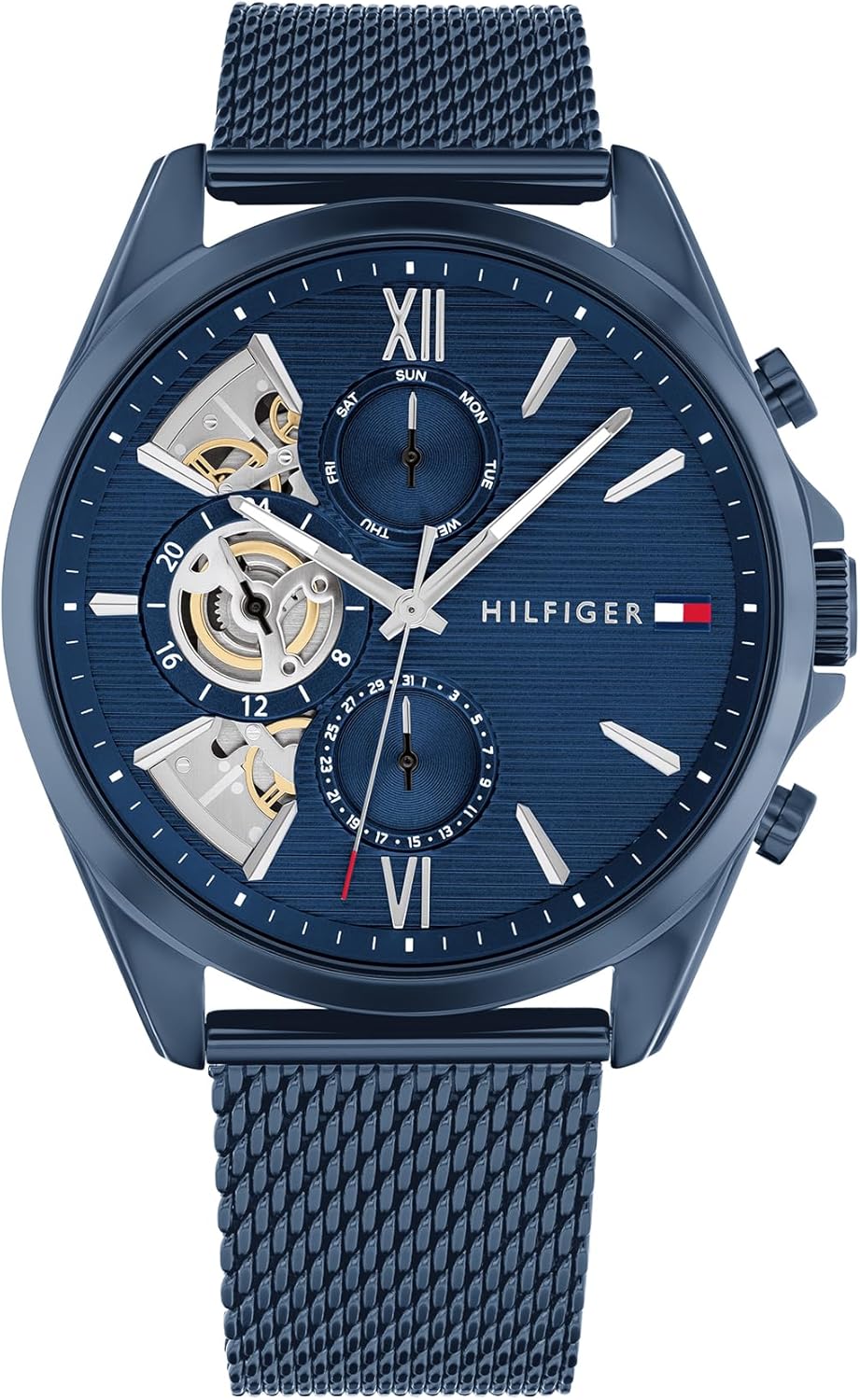 Tommy Hilfiger Orologio analogico multifunzione al quarzo da uomo con cinturino in maglia metallica in acciaio inossidabile e in pelle