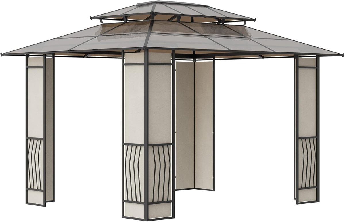 Outsunny Garden Gazebo 3.7 x 3 m with 2-Tier Polycarbonate Roof, Steel and Aluminium Structure, Brown