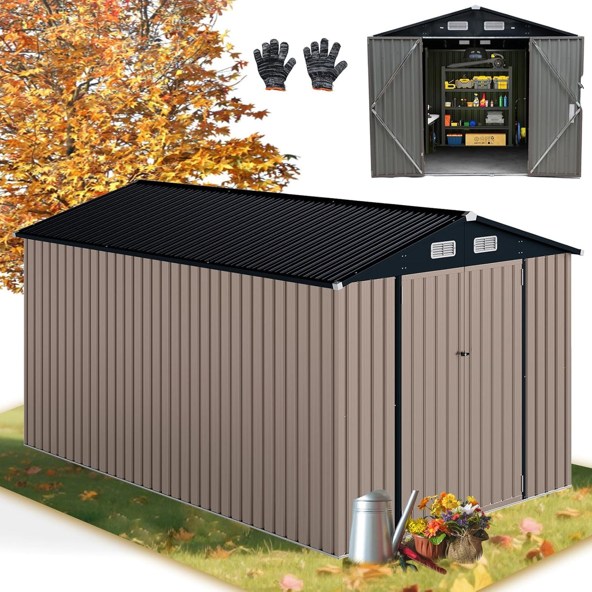 RELAX4LIFE Casetta da Giardino 350 x 223 x 197 cm,con Tetto Inclinato e Porta Doppia, con 4 Finestre Traspiranti, Magazzinaggio Attrezzi