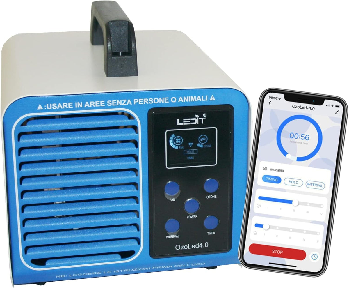 LEDIT Generatore Ozono Domotico 4.0 10.000mg/h Progettato in Italia–Ozonizzatore Professionale 0-200 m² –Purificatore d’Aria Certificato CECNR–Timer,Controllo Remoto App,Uffici Garage Auto Casa Hotel