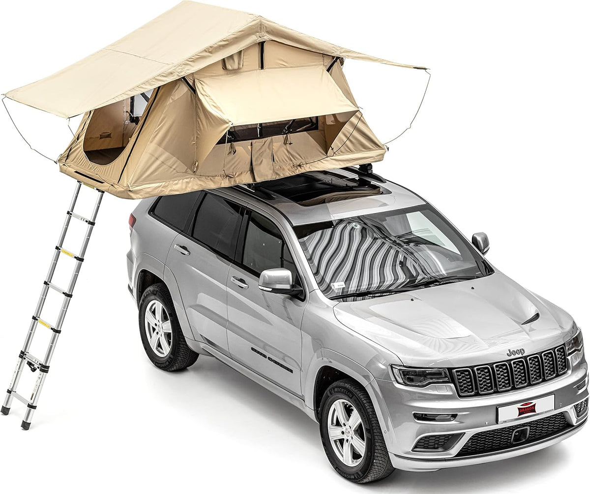 Dragon Winch Tenda da tetto per auto 2 posti completa materasso, di scala telescopica, tasche per accessori e zanzariere | impermeabile | Tenda da campeggio | Ideale per il campeggio auto