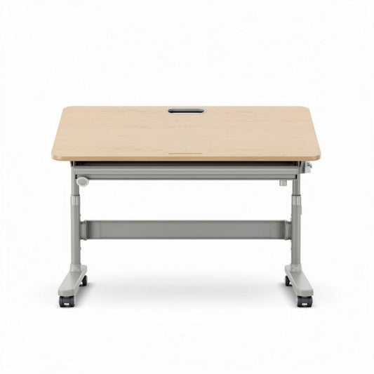 Scrivania regolabile in altezza con piano in legno e struttura grigia 120 x 60 x 75cm