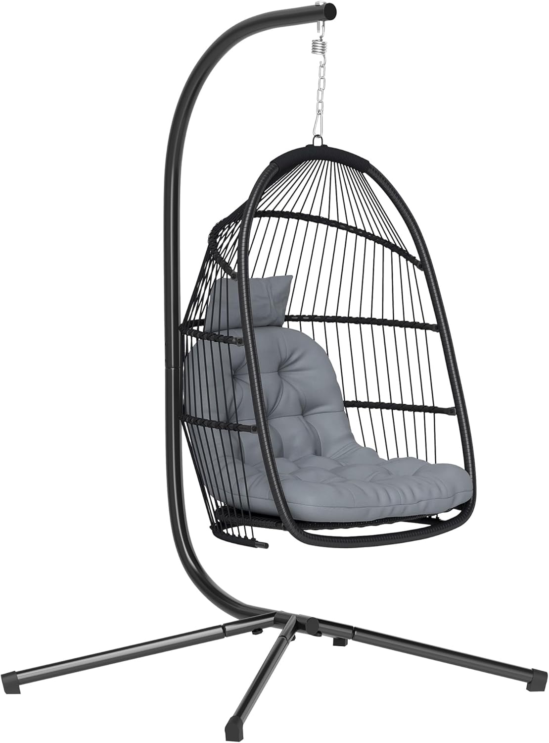Outsunny Sedia sospesa Egg con supporto, altalena da giardino per esterni con cestino pieghevole, cuscino anti-UV e poggiatesta rimovibile per interni ed esterni, carico massimo 150 kg, grigio scuro