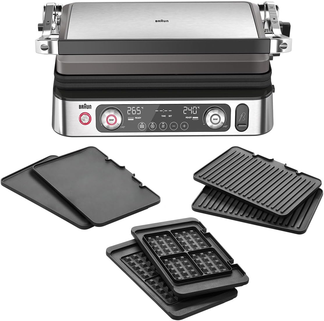 Braun MultiGrill9 CG9167 Griglia Elettrica a Controllo Elettronico, 2 Termostati Indipendenti, 3 Posizioni Cottura, Termosonda, Funzione BOOST, in Dotazione 1 Set Piastre Griglie+Liscie+Waffle, 2200W