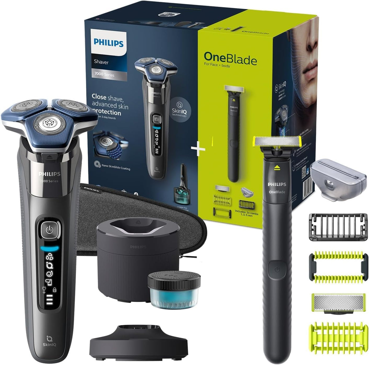 Philips Shaver Series 7000 - Rasoio elettrico Wet  Dry con tecnologia SkinIQ cromato scuro con rifinitore a scomparsa, Quick Clean Pod e cartuccia, OneBlade Philips (moi S7887/78 e QI1864/20)