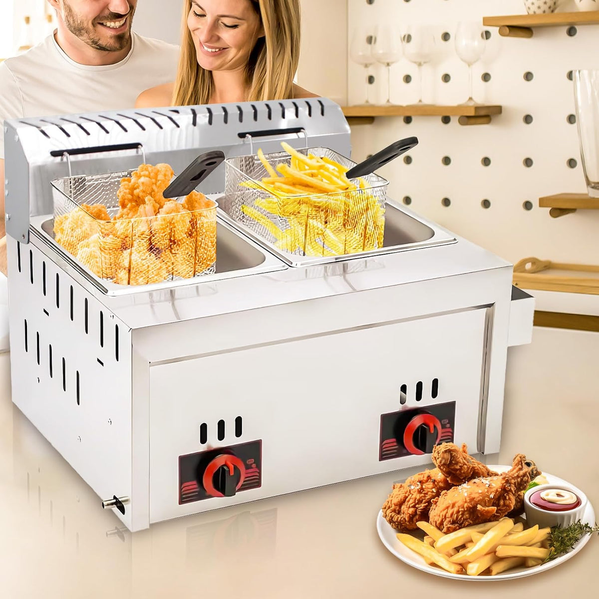 Friggitrice a Gas Professionale 20L Doppia Vasca in Acciaio Inossidabile ad Alta Capacità con Cestello per Patatine - Per Ristoranti, Cucine Domestiche e Chioschi