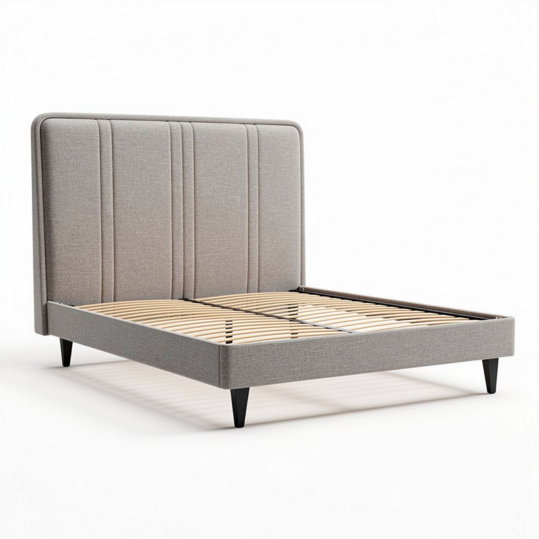 Letto matrimoniale in tessuto grigio con rete a doghe 200 x 160 x 35cm