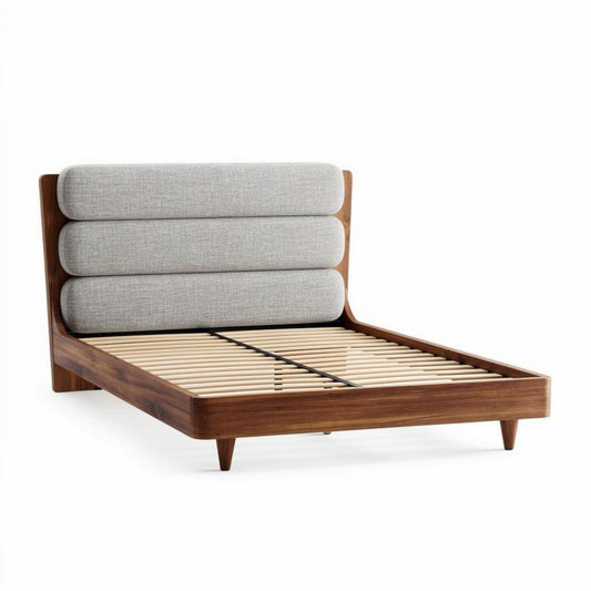 Letto in legno con testata imbottita in tessuto grigio 200 x 160 x 90cm