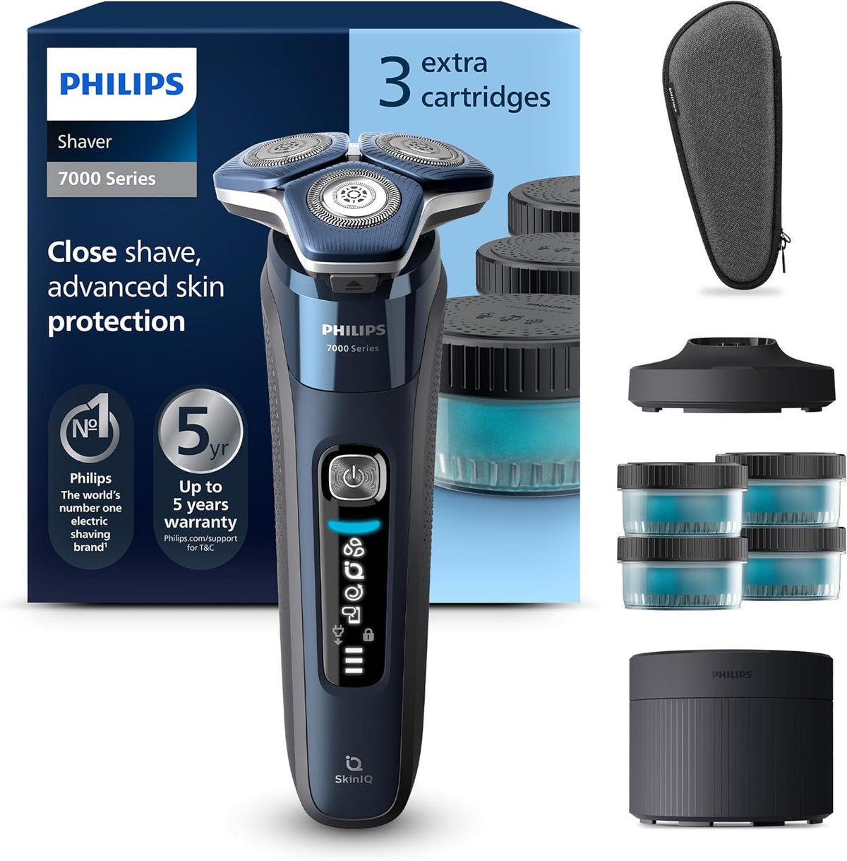 Philips Shaver Series 7000 - Rasoio elettrico uomo, secco e umido, rifinitore a scomparsa, base ricarica, custodia da viaggio, 1 capsula e 4 cartucce Quick Clean (Moo S7885/63)