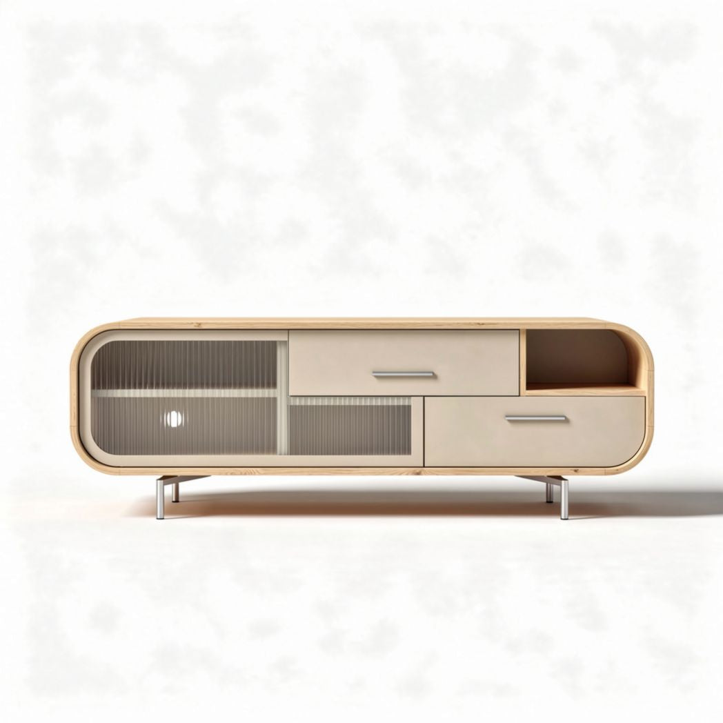 Mobiletto tv in legno con cassetti e aperture 150 x 40 x 50cm beige