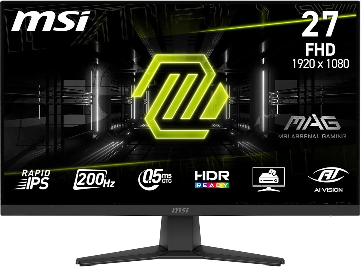 MSI MAG 272F Monitor Gaming 27, FHD 1920x1080, 200Hz, 0,5ms, HDR Ready, AMD FreeSync Premium, Eye Care, AI Vision, HDMI 2.0b, DP 1.2a, Supporto Regolabile in Inclinazione, Montaggio VESA, Nero