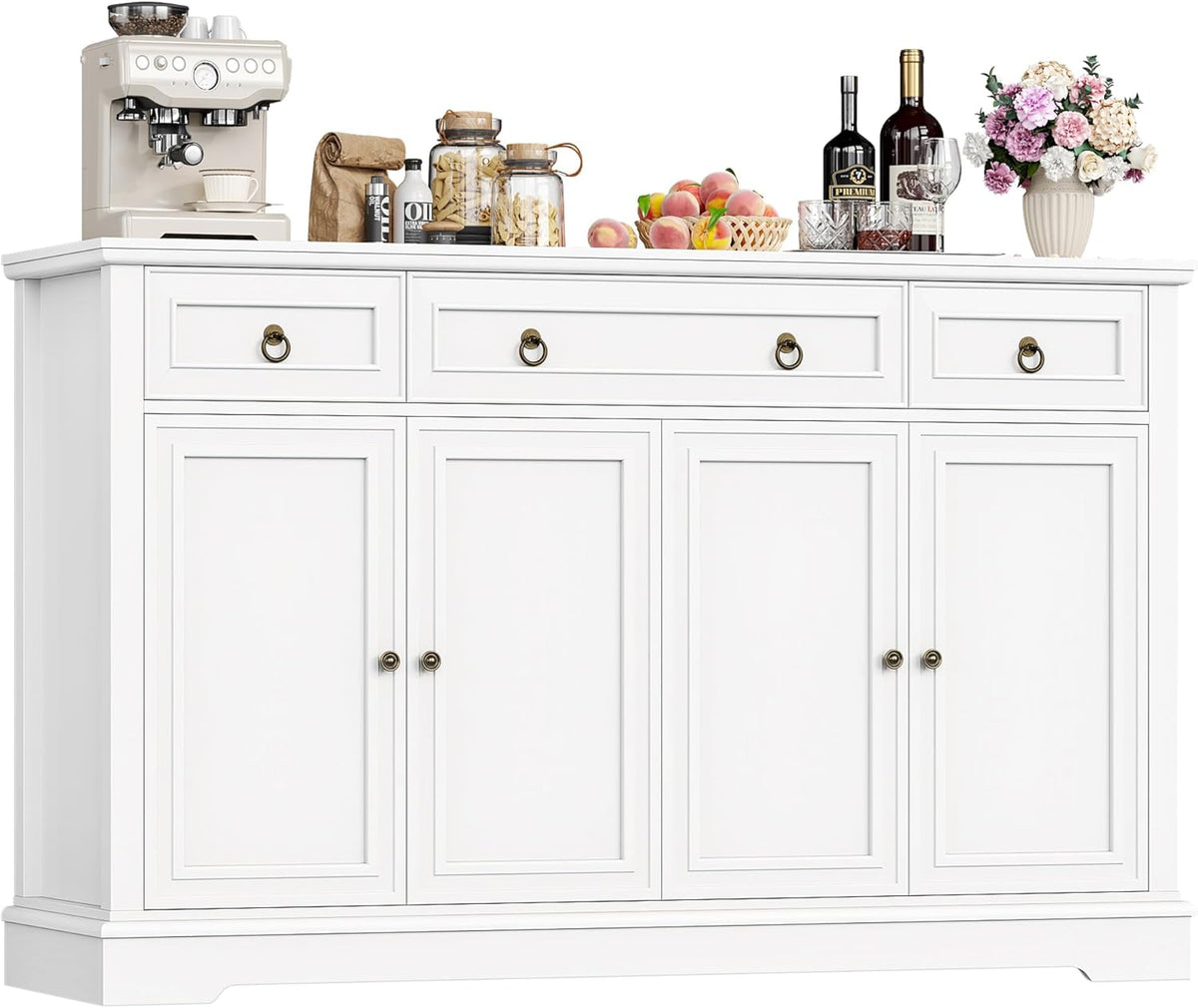 FirFurd Credenza Cucina, Credenza Soggiorno con 3 Cassetti e 4 Ante, Madia Moderna con Ripiani Regolabili e Rimovibili, per Cucina, Soggiorno, Ingresso 134x40x87cm Bianco