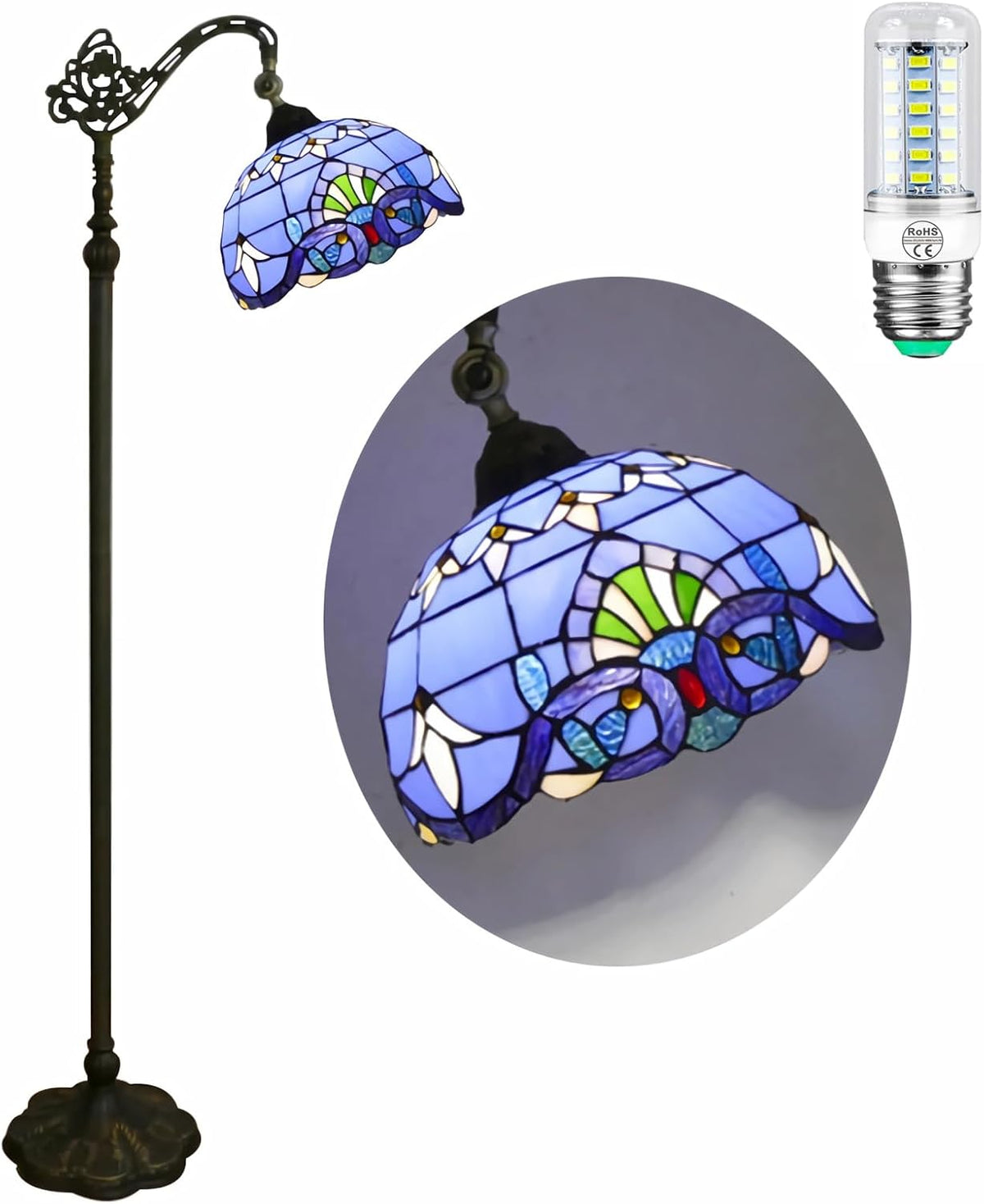 Floor Lamp 12 with 48W Hummingbird Stained Glass Lampshade, Reading Light, Adjustable Goose Neck, Antique Floor Lamp 65 High for Living Room, Bedroom, Office