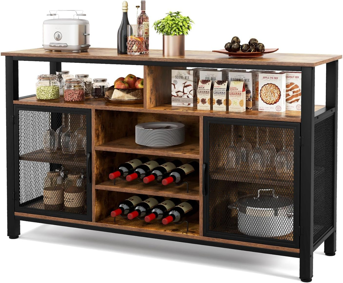 GIANTEX Credenza da Buffet, Mobilellto da Cucina con Portabottiglie e Portabicchieri, Porta TV per TV fino a 60 con 2 Armadietti con Anta, 3 Ripiani e 2 Scomparti Aperti, Nero/Grigio(Marrone)