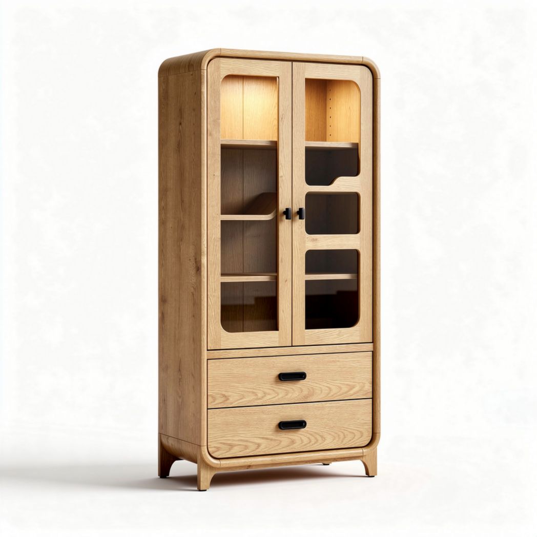 Mobiletto in legno naturale con ante in vetro e cassetti 80 x 40 x 180cm