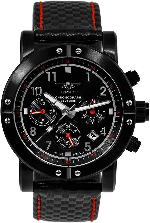 Poljot Pilot P-Sports 43.S 31681 Orologio con cronometro russo meccanico a carica manuale, orologio sportivo surfista nero, cinghia