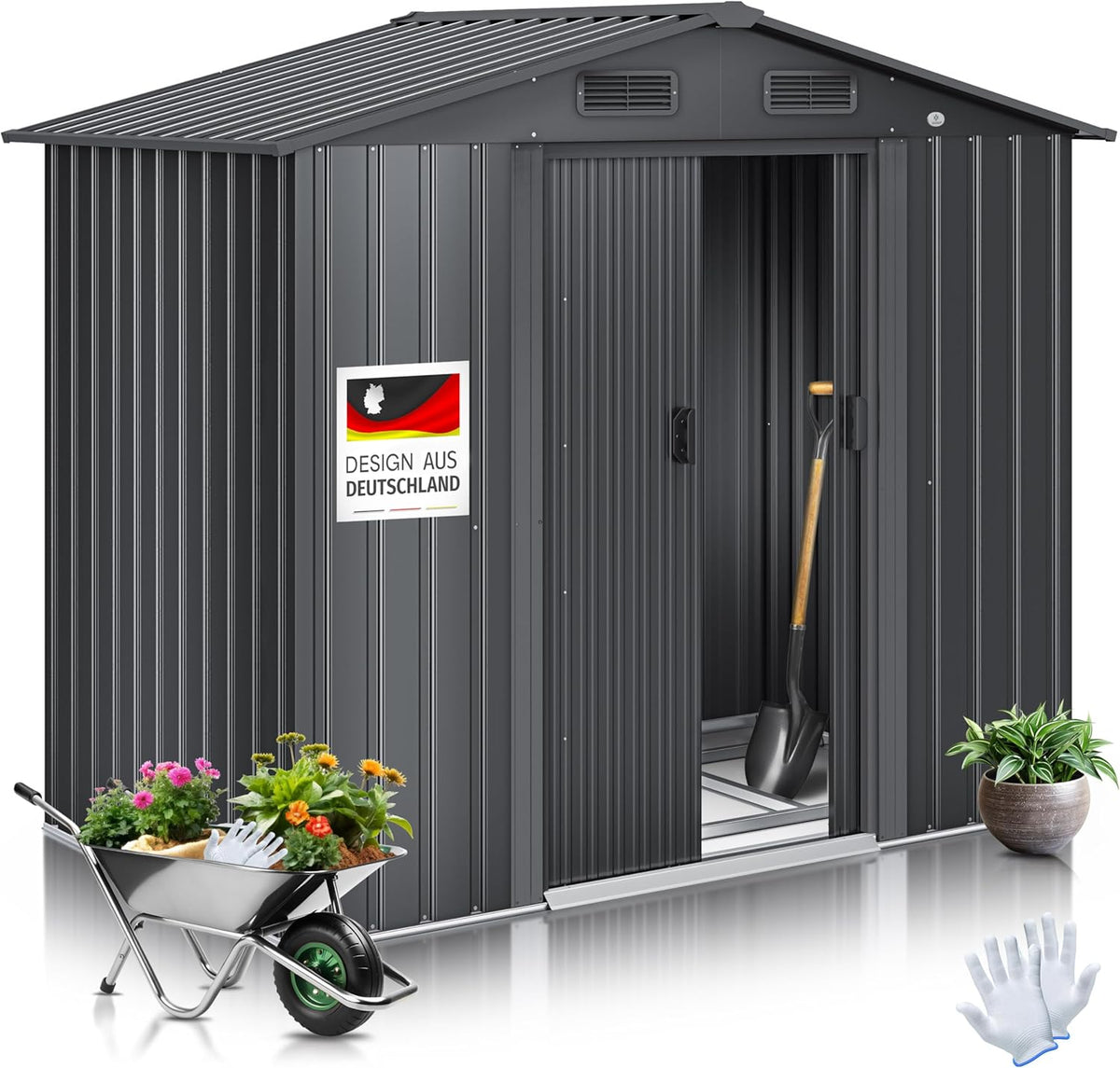 KESSER® Casetta per attrezzi L in metallo, 3,4 m³ con fondazione | 195 x 131 x 186 cm | 2 porte scorrevoli e fondamenta | capanno per attrezzi | Armadio da giardino | tetto spiovente