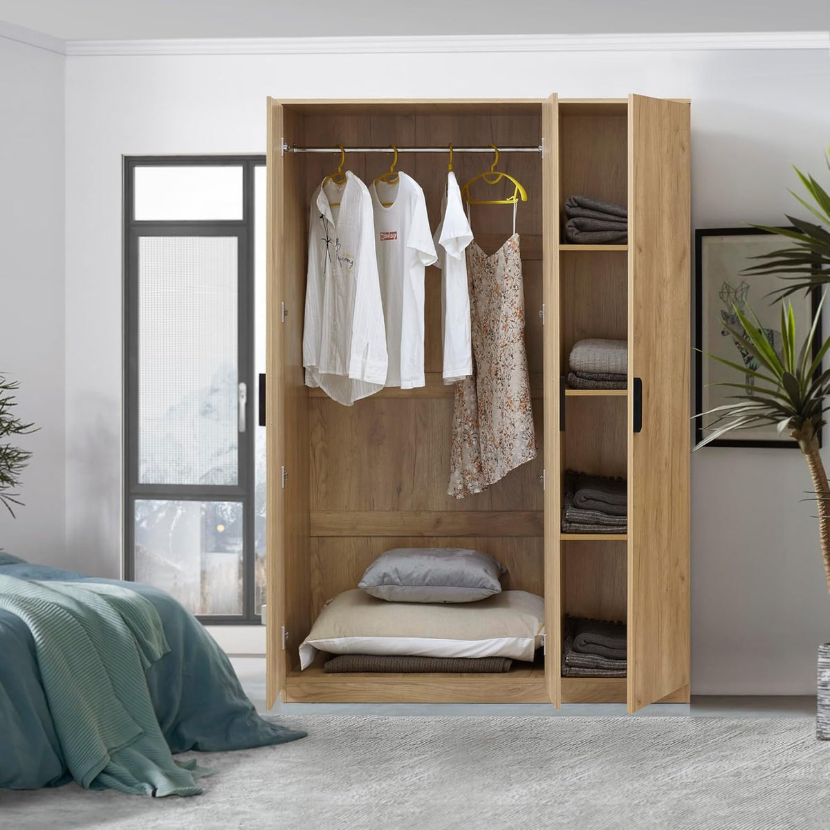 [en.casa] Closet for Bedroom Closet with Doors 4 Compartments, Coat Rail, 176 x 120 x 52 cm, Oak Effect