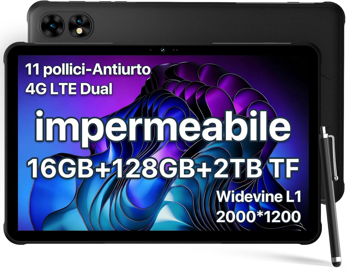 UMIDIGI Rugged Tablet 11 2K,16GB+128GB/TF 2TB Tablet Android,10000mAh Impermeabile Tablets con Dual SIM 4G LTE,2GHz Octa-Core, Tablets,Dual 16MP, 4 Altoparlanti Stereo,2.4+5G Wifi/GPS/