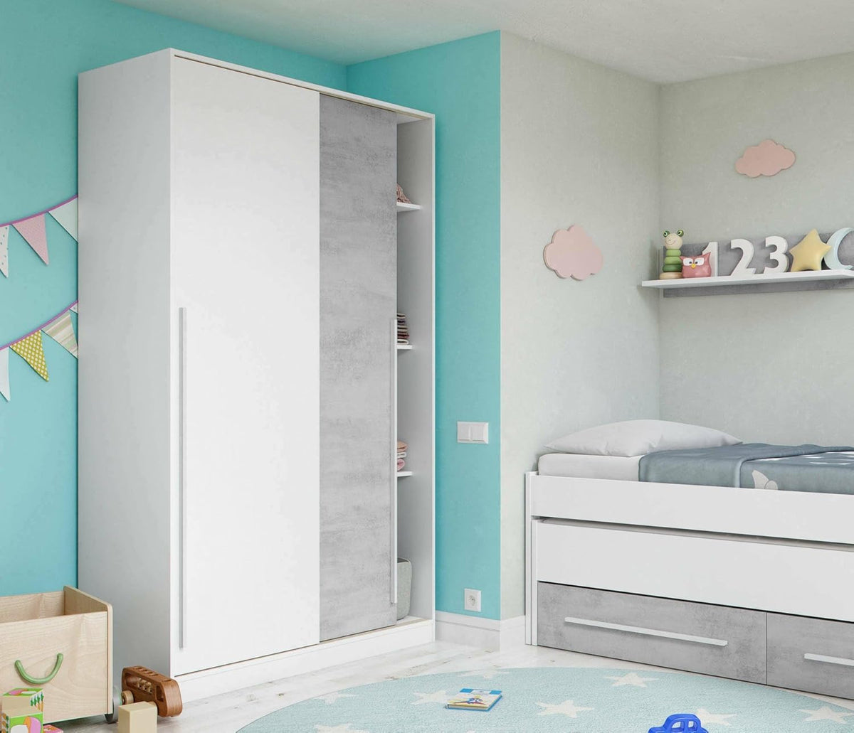 Dmora - Downey 2 Door Wardrobe, Bedroom Wardrobe, Wardrobe with Hanging Rail and 3 Shelves, 120 x 50 x 200 cm, Concrete and White