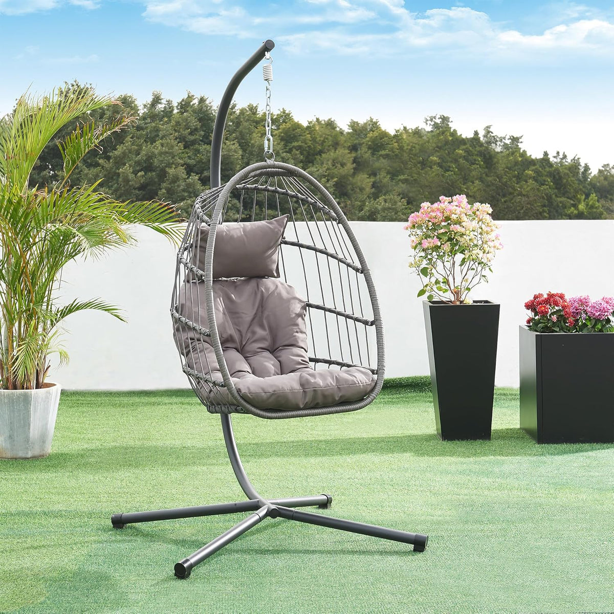 [en.casa] Hanging Egg Chair with Steel Support, Hanging Chair with Cushions, Polyrattan Basket for Outdoor and Indoor – Grey