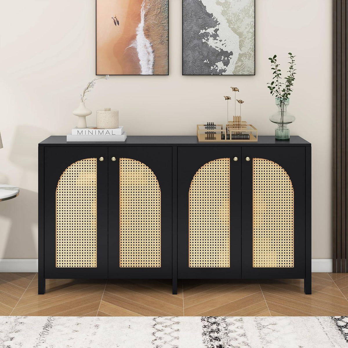 REXO Credenza moderna in stile minimalista 4 ante a ratti, manico in metallo semplice armadio a buffet per sala da pranzo, soggiorno, cucina (nero)
