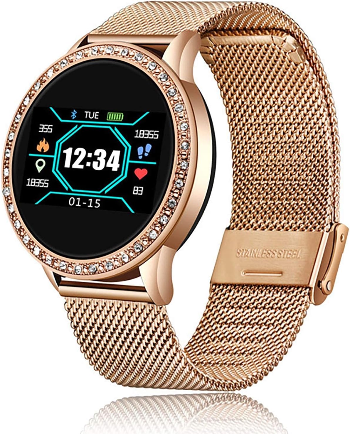 KNN Orologio intelligente da donna alla moda con cardiofrequenzimetro, contapassi, Bluetooth per IOS Android, E(E) (A)