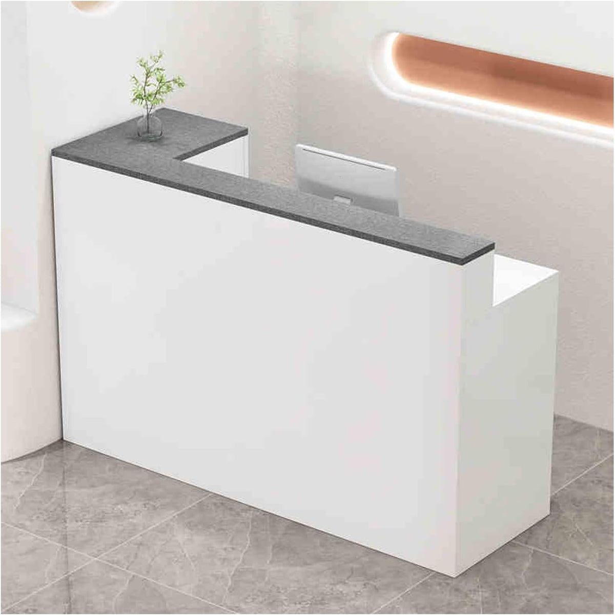 Scrivania da ufficio moderna in rovere bianco, 140 cm, per abbigliamento e mini mercato, design semplice ed elegante, configurazione giusta per spazi di lavoro eleganti