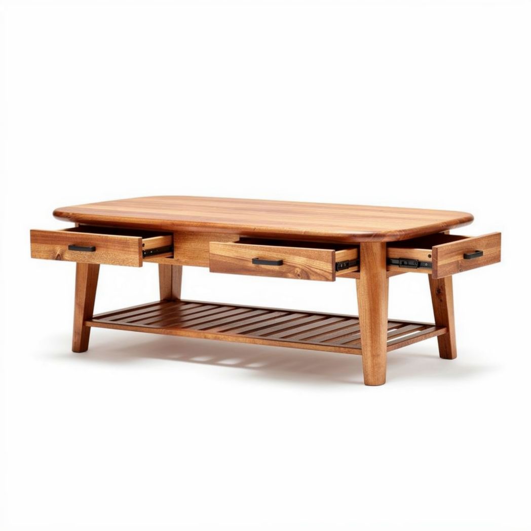Tavolino da caffè in legno massello con cassetti e ripiano 120 x 60 x 45cm