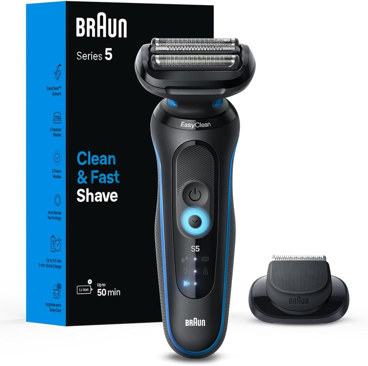 Braun Rasoio elettrico da uomo, serie 5 5118s, rasatura a secco e bagnato, modalità di rasatura turbo, rasoio a lamina, prodotto in Germania, con rifinitore di precisione, blu
