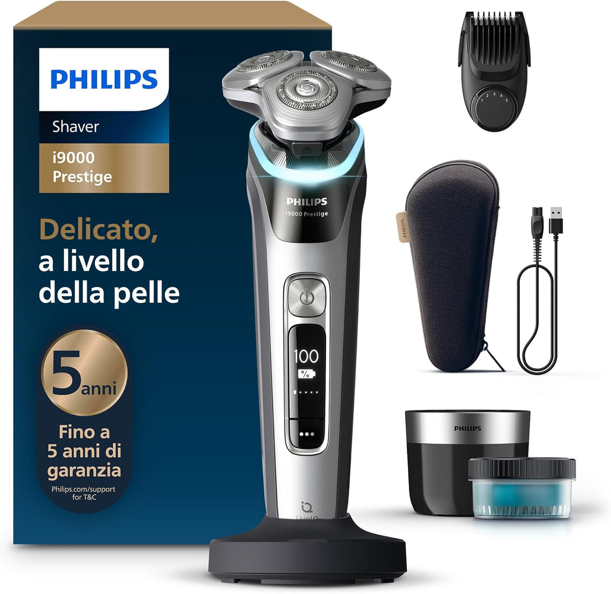 Philips Shaver i9000 Prestige, rasoio elettrico Wet  Dry, tecnologia Skin IQ, triplo sistema di sollevamento e taglio, doppie lame in acciaio di precisione 360°, styler per barba, moo XP9204/33
