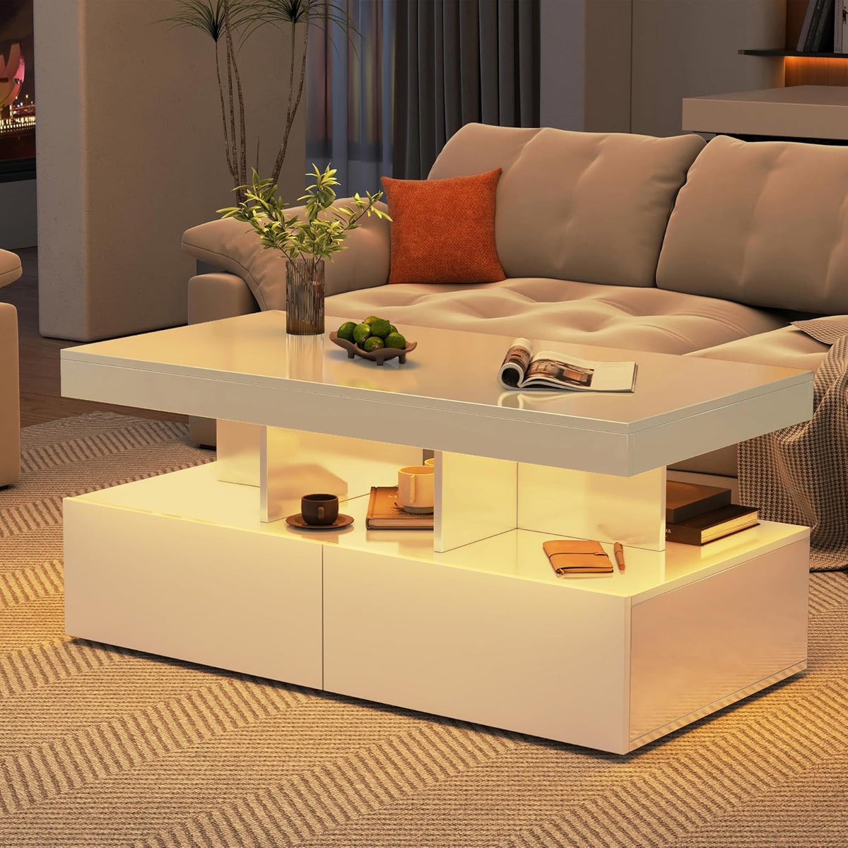 Tavolino rettangolare da salotto con LED e 2 cassetti, tavolino da salotto moderno, bianco, per il soggiorno (bianco)