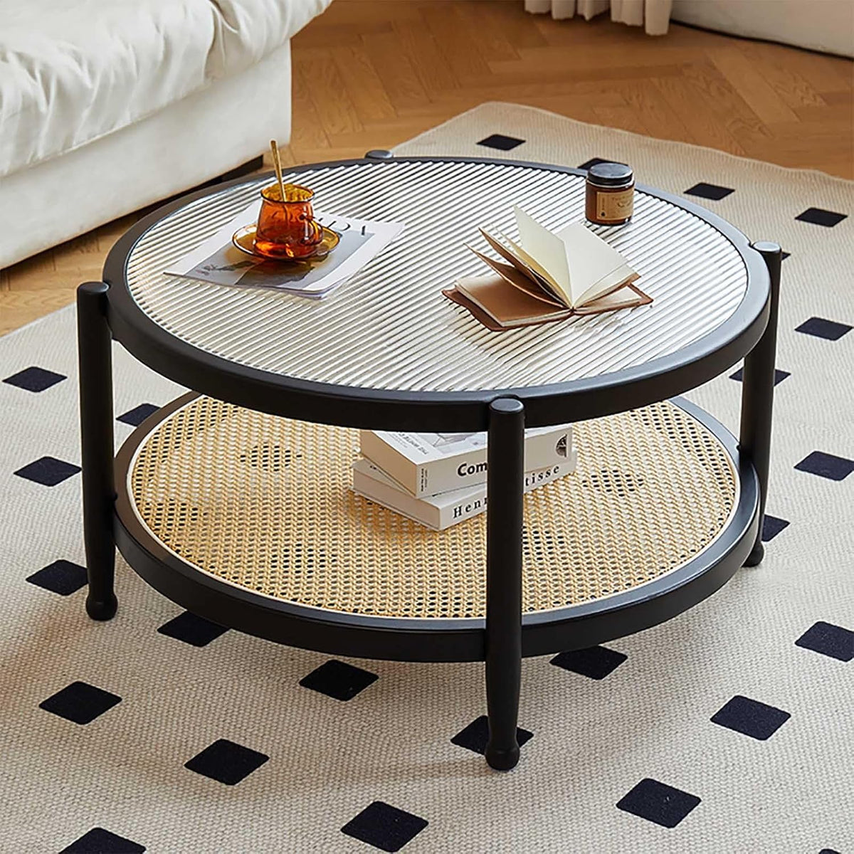 Tavolino Rotondo, Tavolino da caffè Rotondo in Legno in Stile Moderno Fattoria, con Piano in Vetro e ripiano portaoggetti - Circolare for Piccolo Soggiorno(Black)