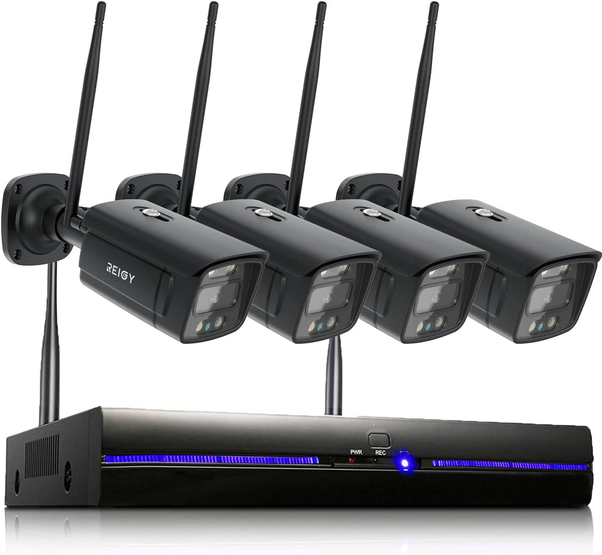 REIGY 3MP Kit Videosorveglianza Wifi Esterno con Spotlight, Telecamera 4x 1296P VideoCamera, Sistema di Sicurezza Interno con Visione Notturna a Colori, Audio Bidirezionale Senza HDD Nero