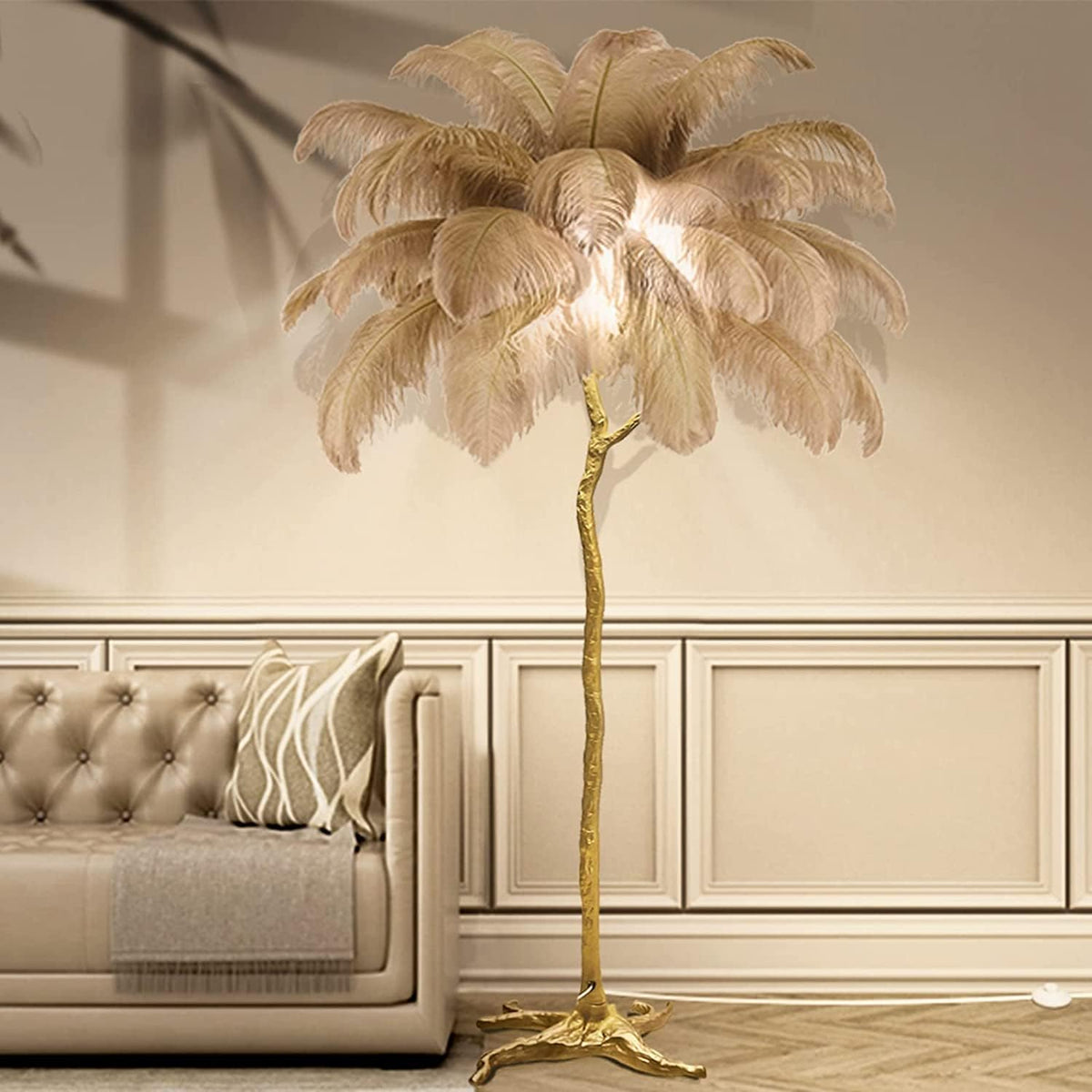 Ostrich Feather Floor Lamp, Modern LED Floor Lamp Dimmable Luxury Reading Lamp for Living Room Bedroom (Brown, 170cm)