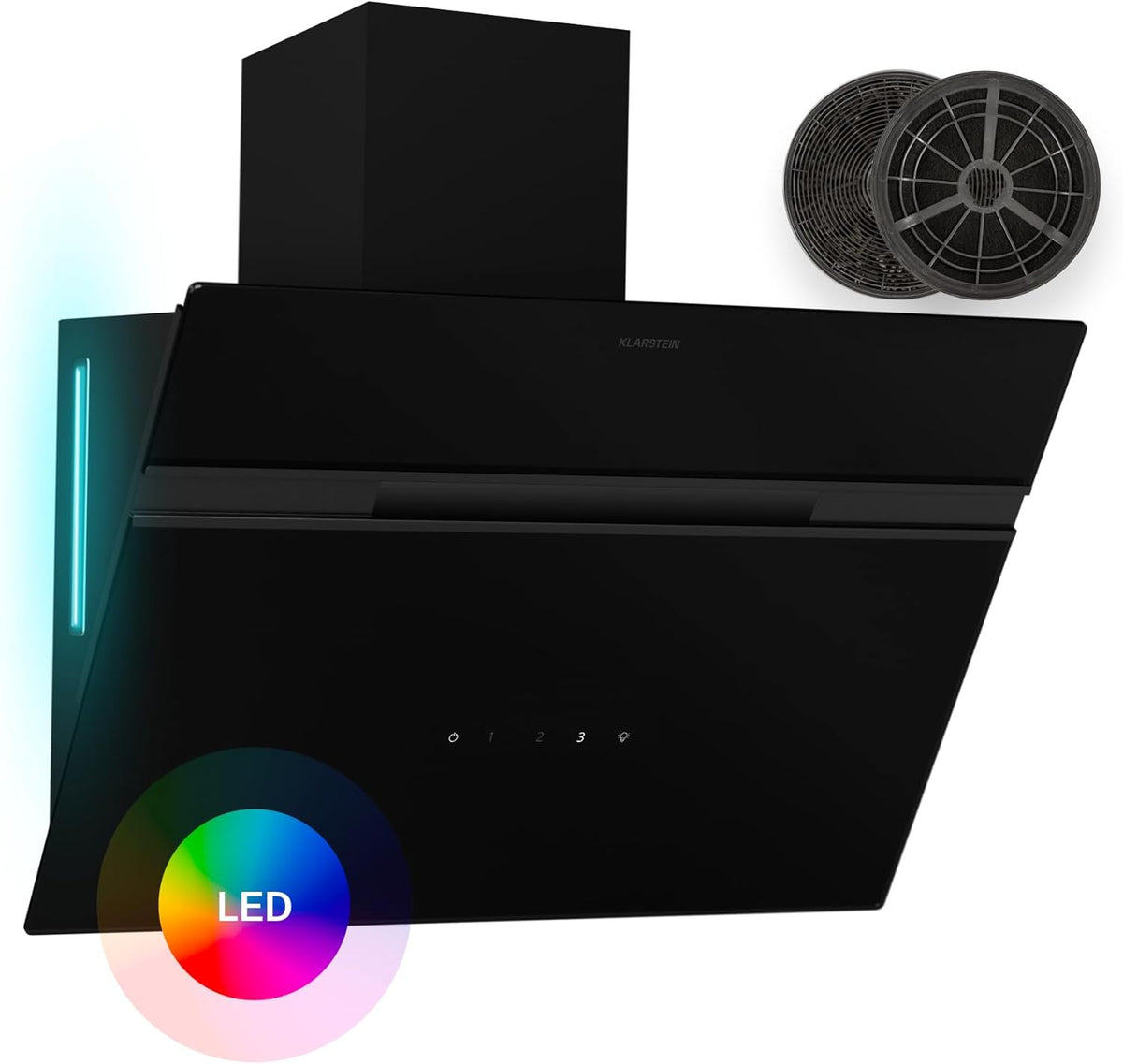 Klarstein Alina - Cappa Aspirante, 60cm Cappa a Parete, 600 m³/ora, LED 9 Colori, Touchscreen, Classe A, 52 dB, Nero, Ricircolo  Scarico