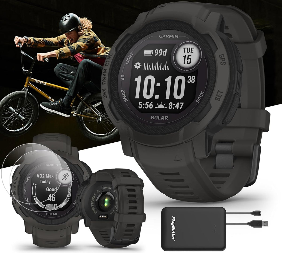 PlayBetter Garmin Instinct 2 Solar (grafite) robusto Smartwatch GPS Bundle - Monitoraggio della salute 24/7, resistente e durevole, app sportive - include pellicole protettive e caricabatterie