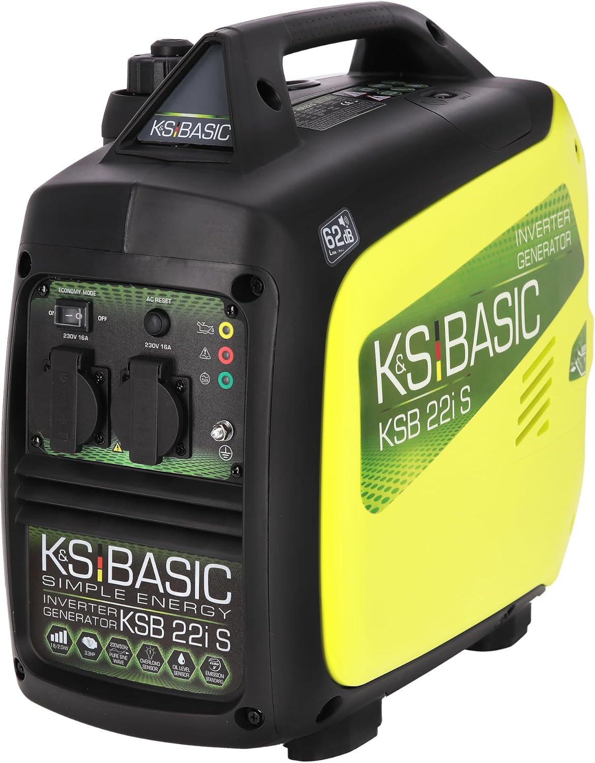KS BASIC Generatore inverter 2000 W 4 Tempi Portatile Benzina Silenzioso per Campeggio Camper Pesca Caravan con Modalità Eco, 2x230 V Prese, Rame, Compatto Silenzioso Leggero, KSB 22i S