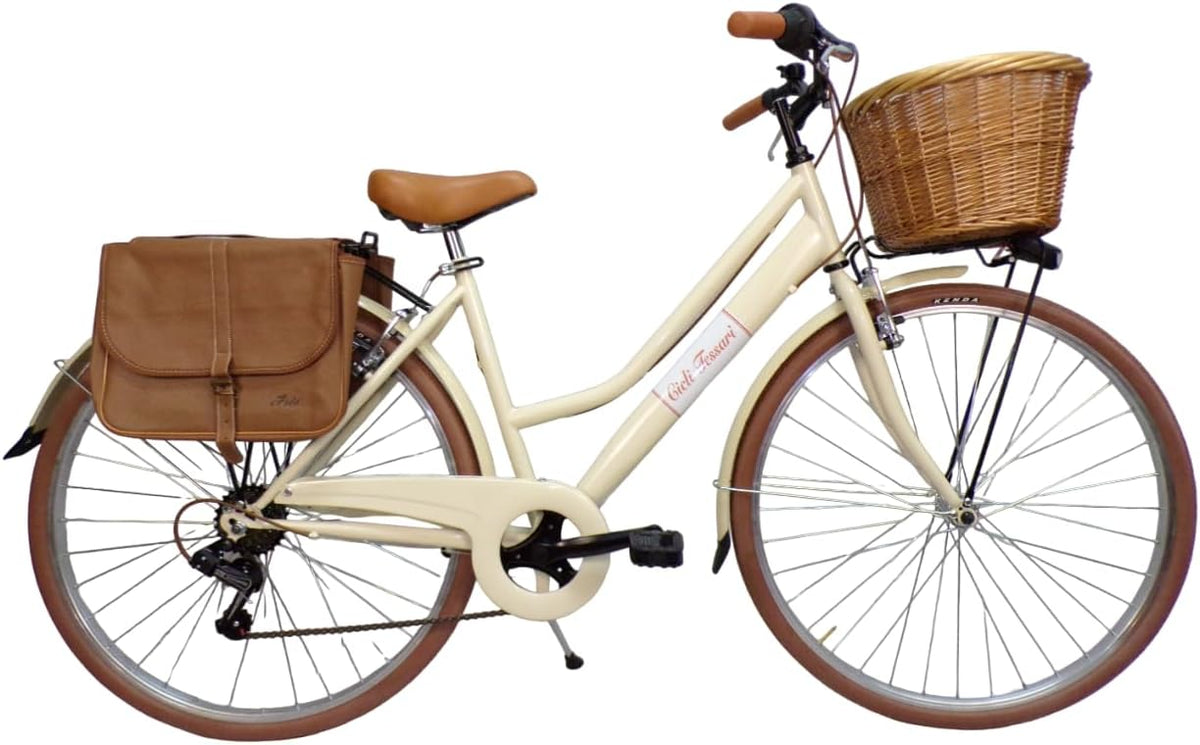 Cicli Tessari - bicicletta donna bici da città city bike da passeggio 28'' con cambio vintage retro' cesto in vimini borse laterali