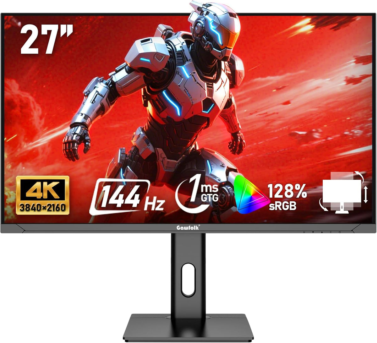 Gawfolk Schermo PC IPS da 27 pollici, Monitor Gaming 4K 144Hz, 1ms, FreeSync, 128% sRGB, Angolo di Visualizzazione 178°, HDMI 2.1, DisplayPort, Regolabile in Altezza e Girevole, VESA75x75MM - Nero